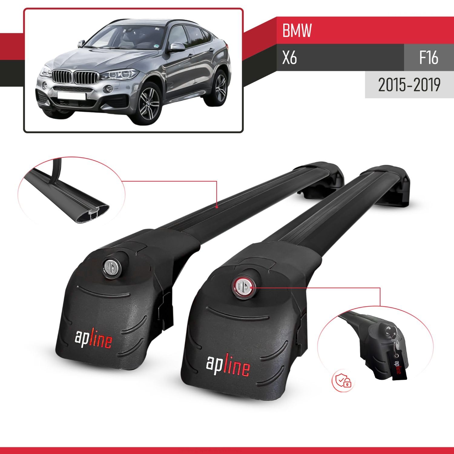 ACE-2 Barre Tetto In Alluminio Per BMW X6 (F16) 2015-2025 – Portapacchi Nero, Carico Max 75kg, Antifurto, Prodotto In Turchia
