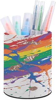Colorful Paint Splatter Art PU Leather Pen Holder, Pencil Cup | Fashion Round Pencil Holder, Modern Desktop Organizer, Makeup Brush Holder, Desk Accessory for Home Office Supplies & Gifts