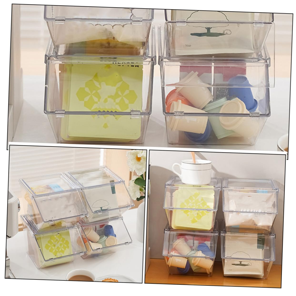 Organizador Acrílico de Sobremesa para Bolsitas de Té 4 Piezas | Set de Cuatro Unidades, Superficie Lisa, Decoración para Encimera, Estilo Simple y Aspecto Generoso