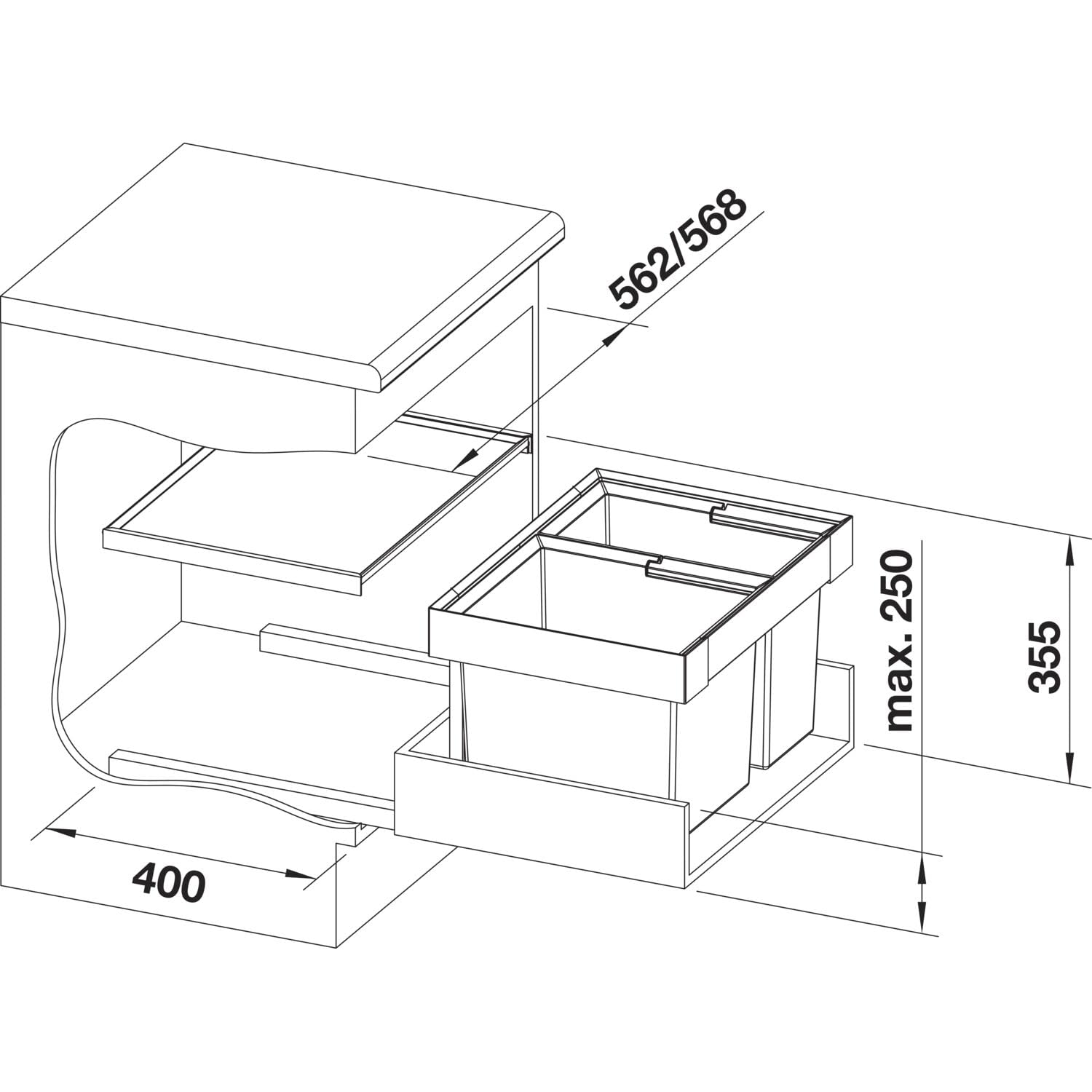 BLANCO FLEXON II 60/2 | Abfall Müllsystem | für 60 cm breite Unterschränke | zum Einbau in Schubladen | 1 x 30 Liter und 1 x 19 Liter Eimer | Minimale Einbauhöhe: 355mm | [56,2x40x37,1 cm]