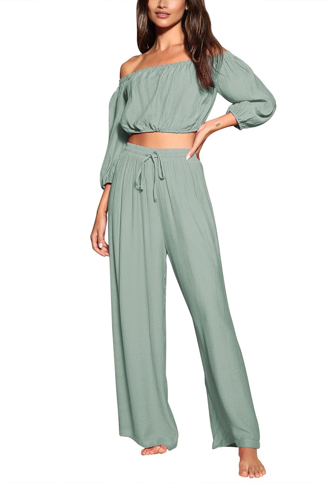 LinseryLinsery Women's 2 Piece Outfits Casual Off The Shoulder Crop Tops Blouse Wide Leg Pants Lounge Set