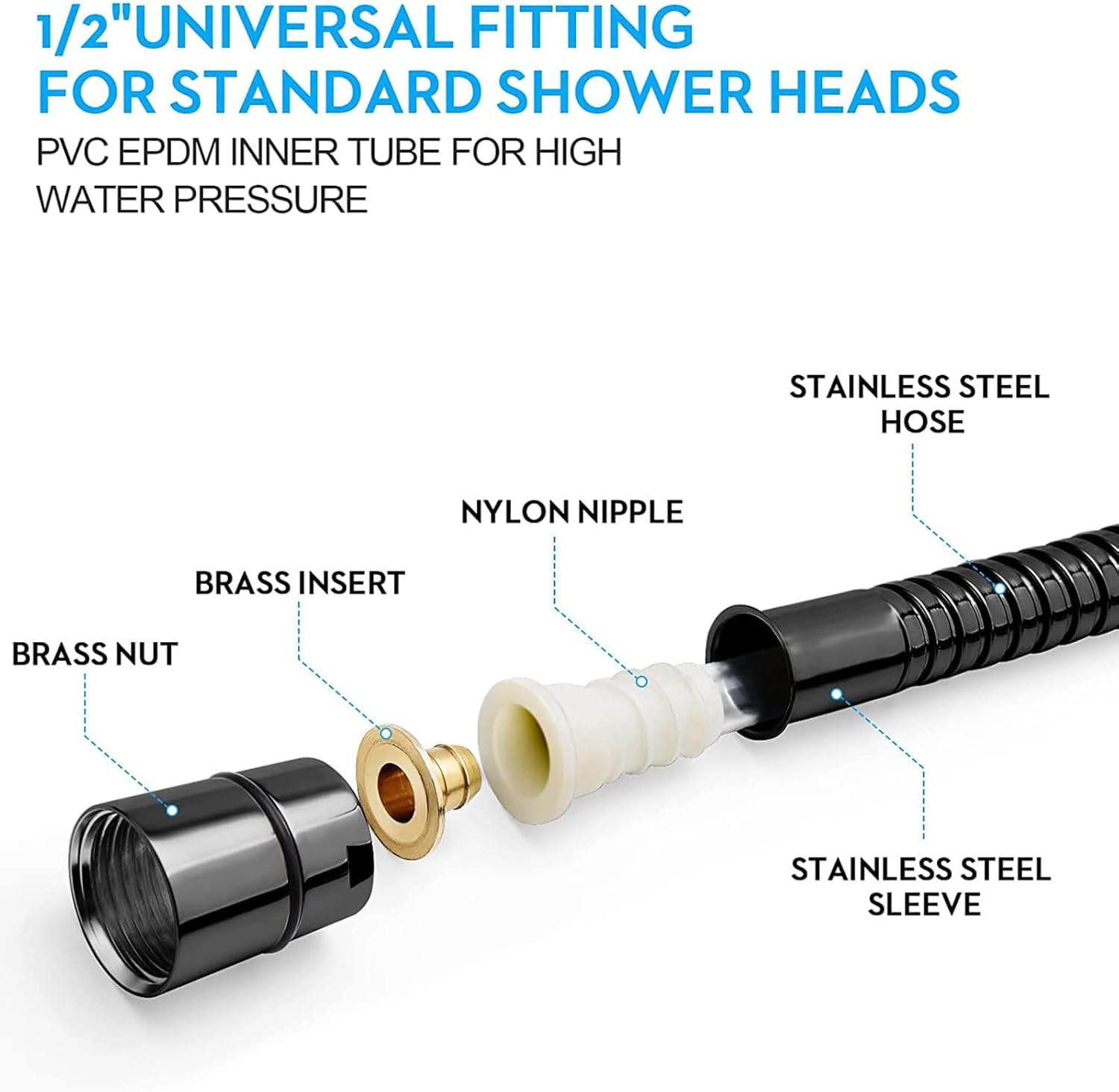 PacuM Shower Hose 1.5m Shower Pipe Smooth Shower Head Hose 1/2 Inch Universal Replacement Shower Hose Extension Black Stainless Steel with 4 Washers for Bidet Sprayer Chrome - Image 2