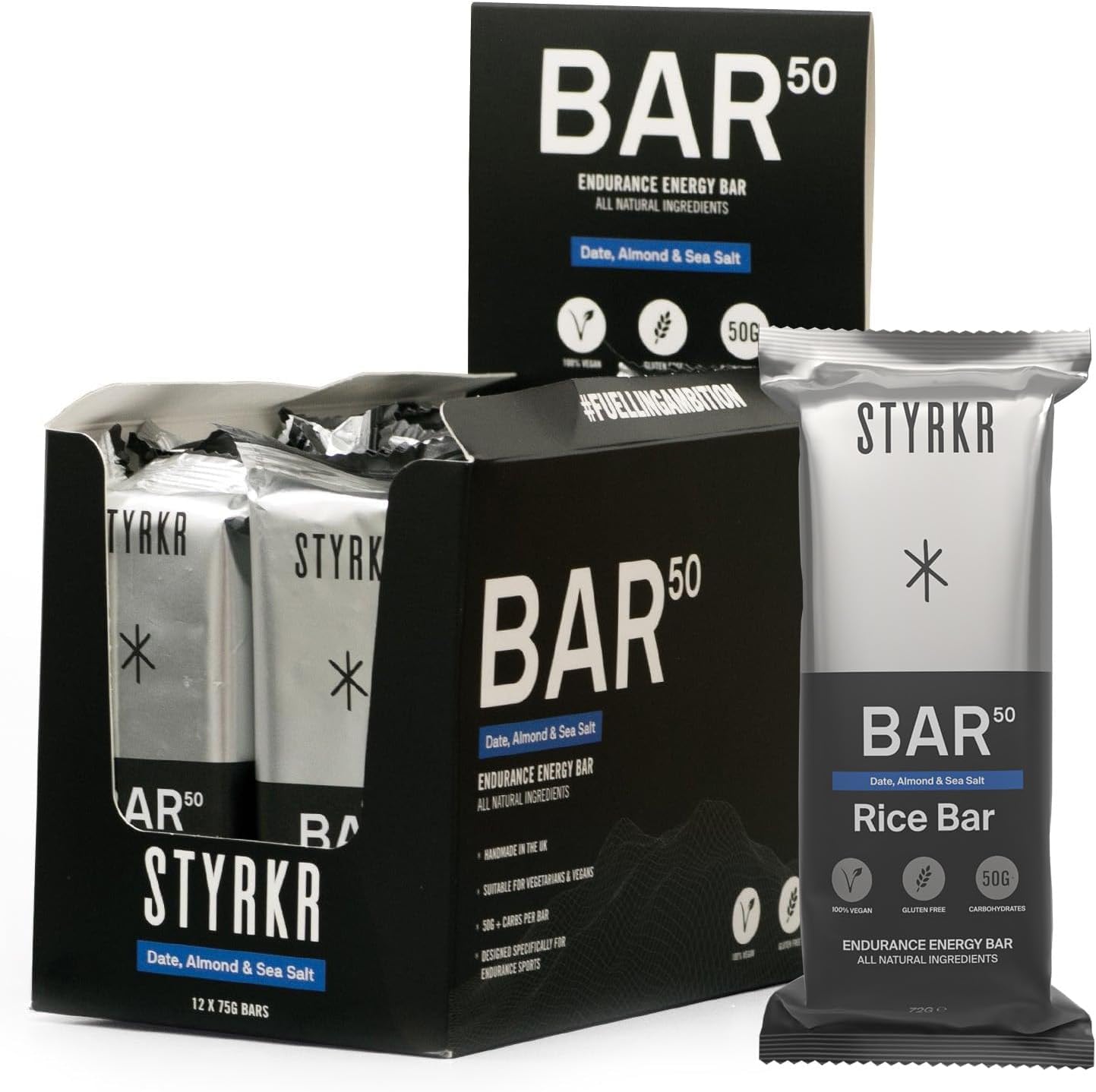 Energy Bars by Styrkr - Pack of 12 Rice Bars for Cycling & Running - Date, Almond & Dark Chocolate - Approved by Endurance Athletes - 50g of Carbs via Advanced Dual-Carb Formulation - BAR50-12x