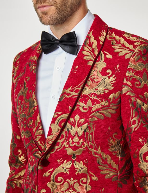 Xposed Stampa Paisley Broccato da Uomo su Giacca Jacquard Rosso Cremisi Blazer da Festa su Misura