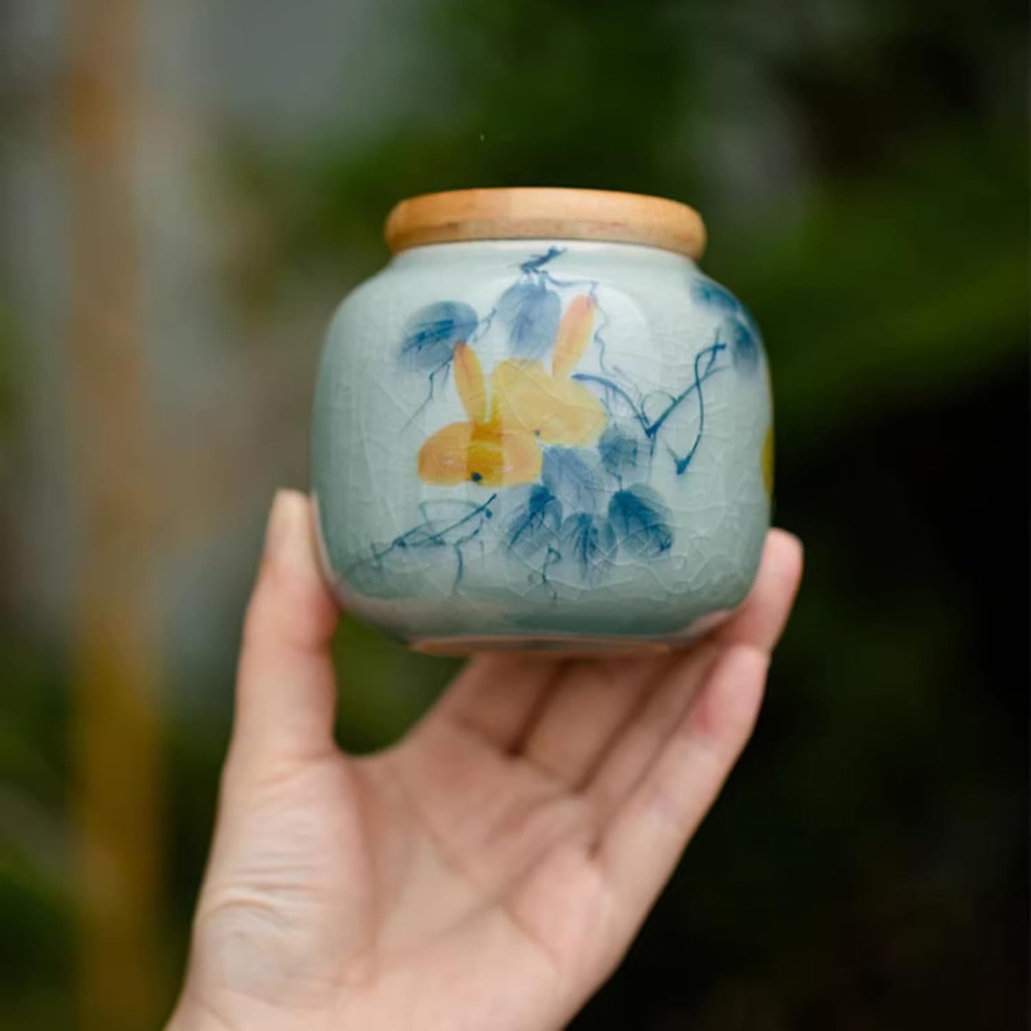 Hand Drawn Ceramics Tea Canister, 260ml 8.8oz, Sealed Jar Portable Household Tea Set Sealed Storage Tank