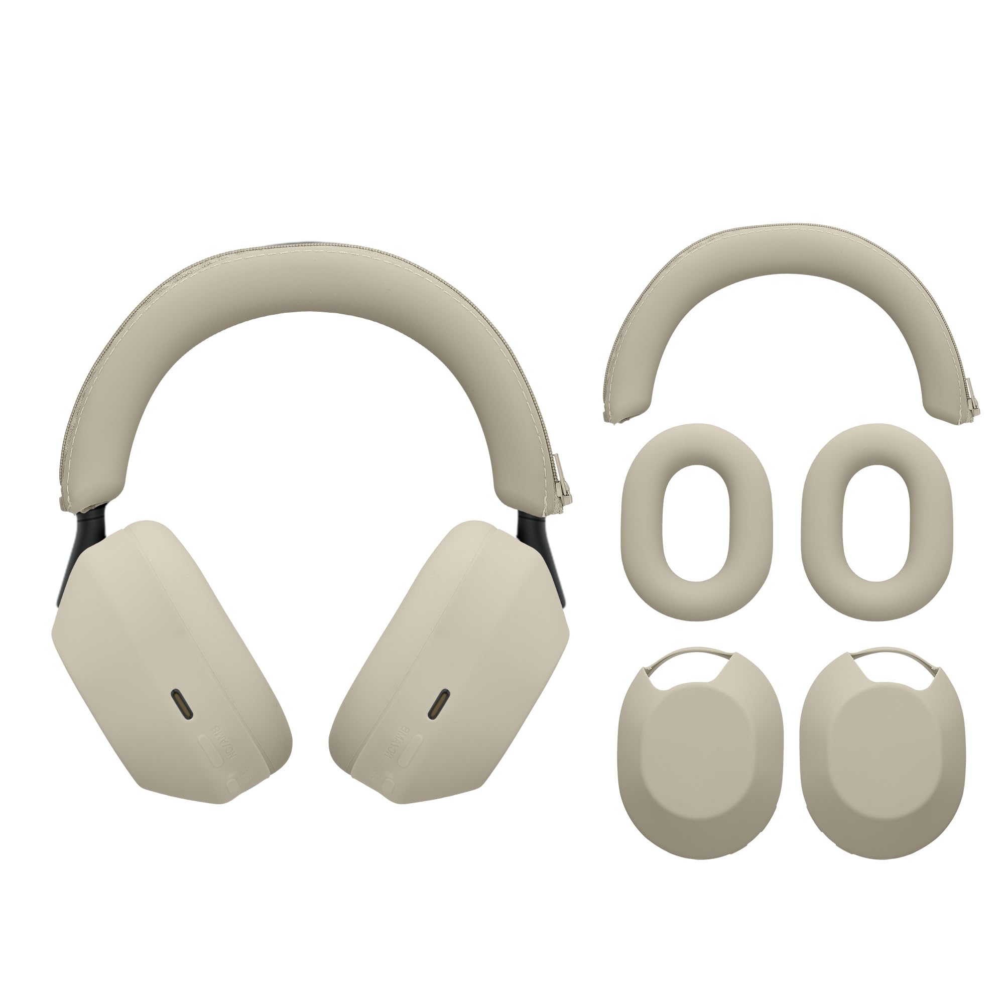 kwmobile 3 in 1 Silicone Headphone Case Compatible with Sony WH-1000XM5 Case - Over Ear Headphones Silicone Skin Protector - Beige