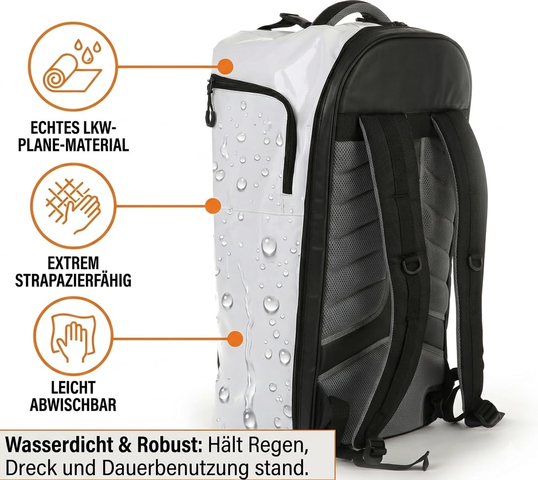 Fahrradrucksack wasserdicht 40L Schwarz Weiß – großer Rucksack für Herren & Damen – Einkaufsrucksack für Fahrrad, Gepäckträger & Kindersitz kompatibel – wasserfester PVC Rucksack