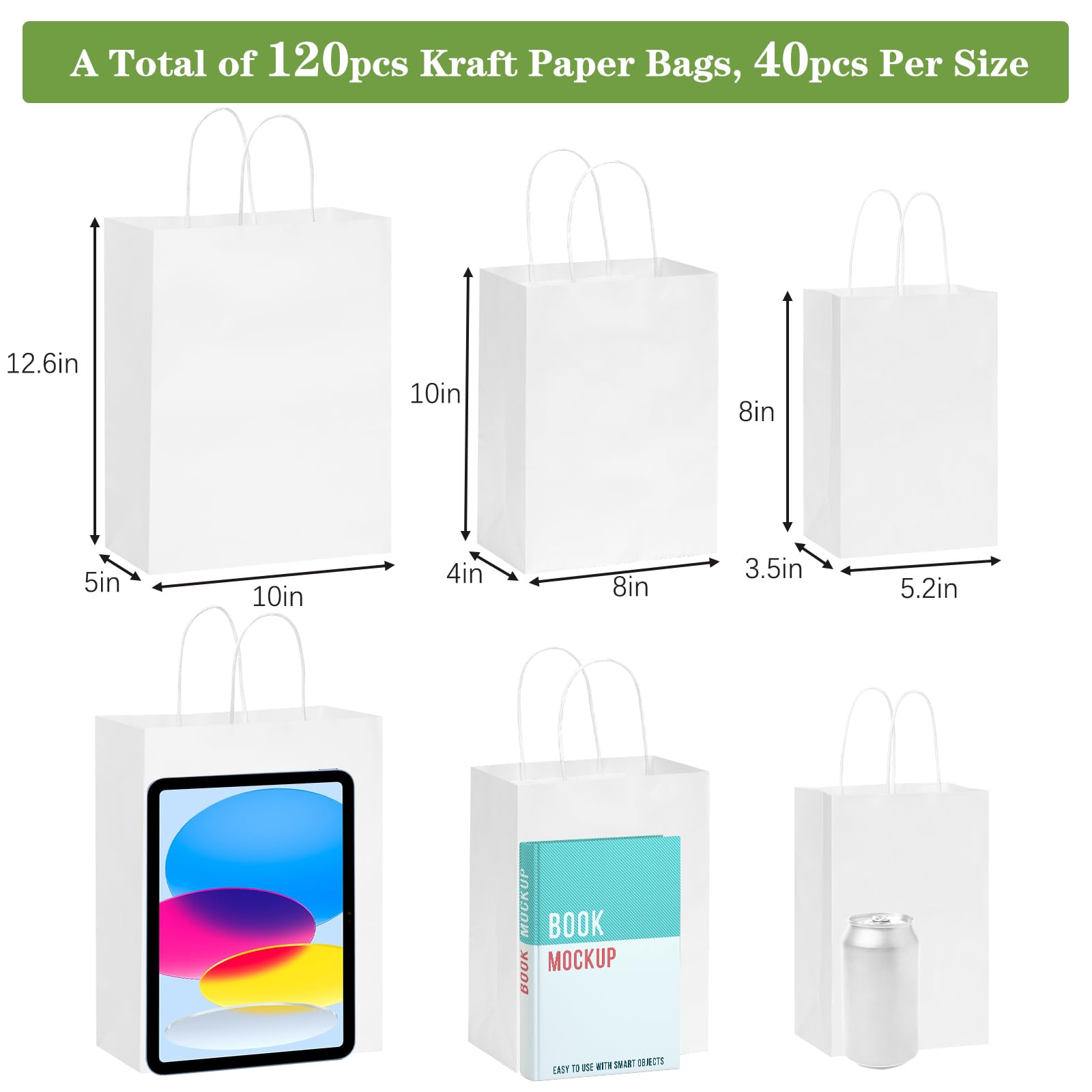 OUTUXED 120 bolsas de papel con asas de varios tamaños, bolsas de papel blanco kraft a granel, 3 tamaños mixtos, bolsas de regalo, bolsas de venta al por menor para fiestas, cumpleaños, compras,
