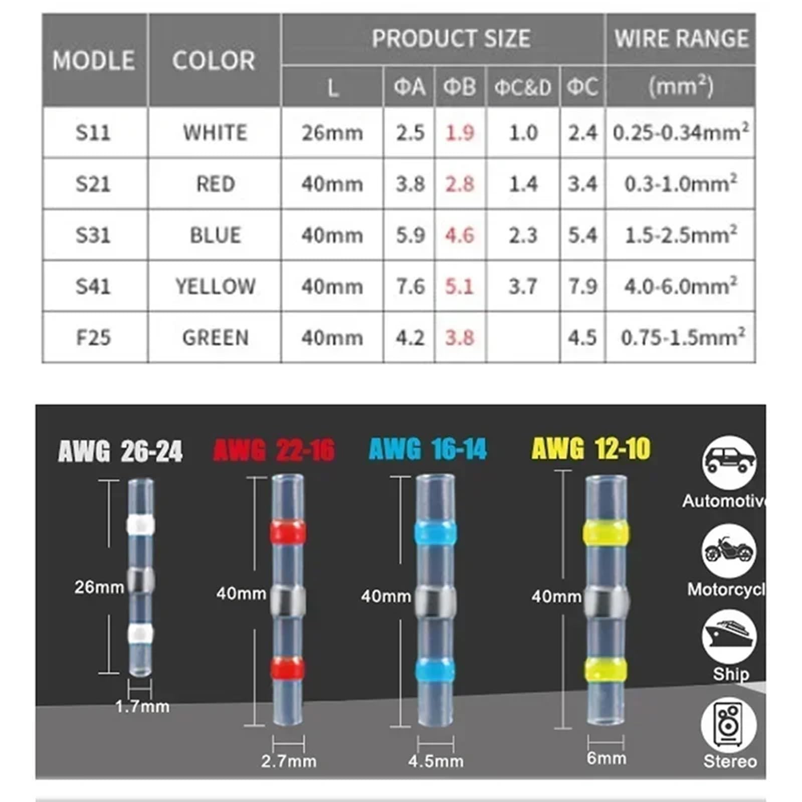 Conectores termorretráctiles, terminales de tubo manguito, empalme eléctrico, conector cable, soldadura para cables(Yellow AWG 12-10,200pcs)