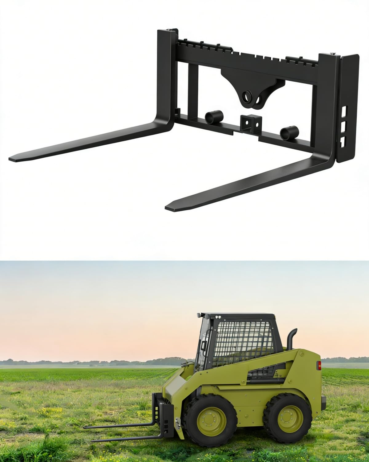 Skid Steer Pallet Fork Frame Attachment, 4000 lbs, 48" Fork Blades and 45" Pallet Fork Frame, with 3 Hay Spear Sleeves, 2" Receiver Hitch, Compatible