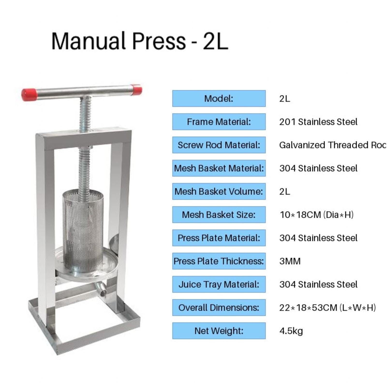 estrattore di miele manuale Pressa per miele in acciaio inox large bee honey press extractor Attrezzatura apicoltura Lavorazione per api miele,vino,frutta,cera,2L