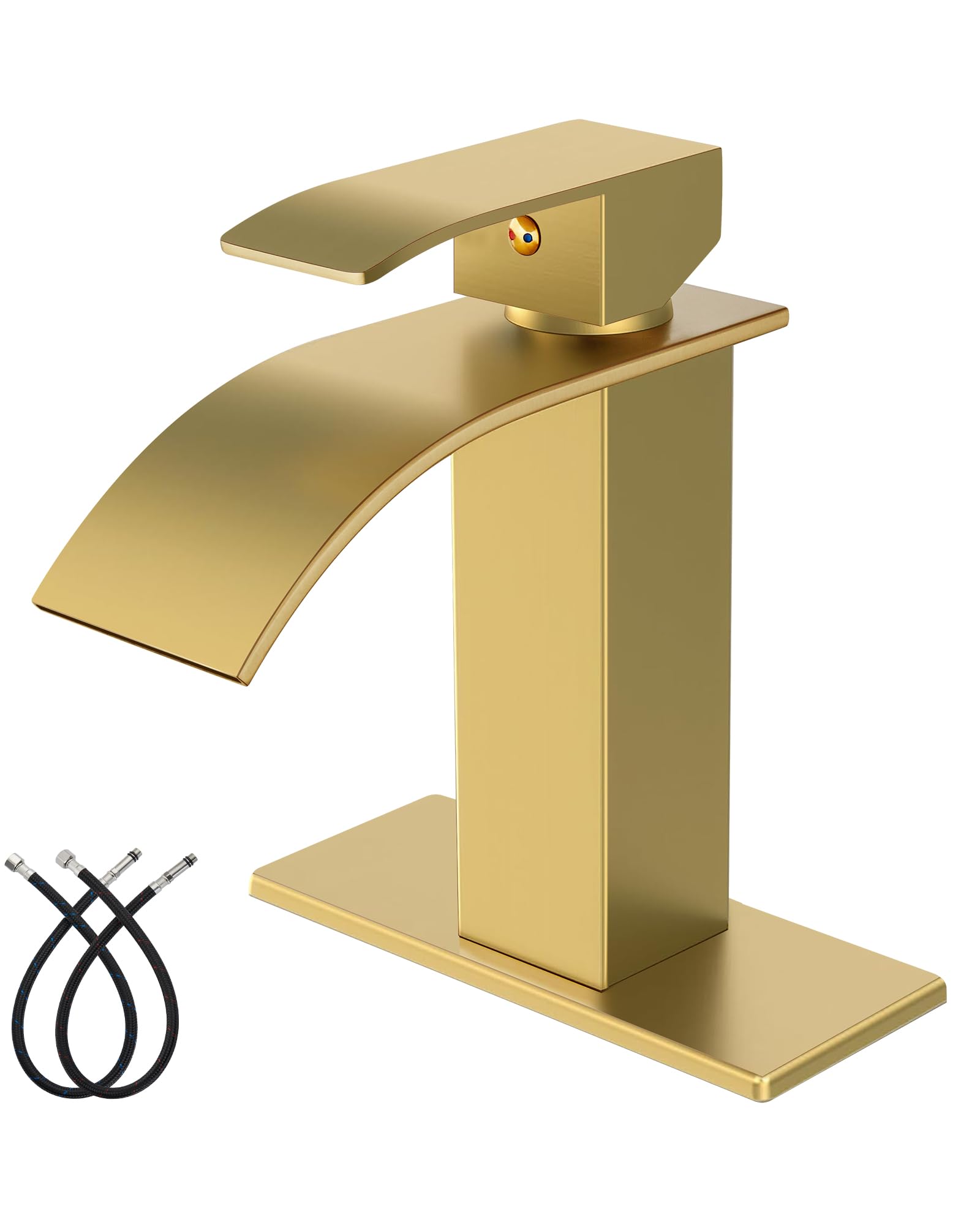 Hcfyauis Women's Brushed Gold Waterfall Spout Bathroom Faucet Single Handle 1 Hole Bathroom Sink Faucet,Modern Rv Lavatory Vanity Basin Tap With Water Hose,No Drain,Short Body,