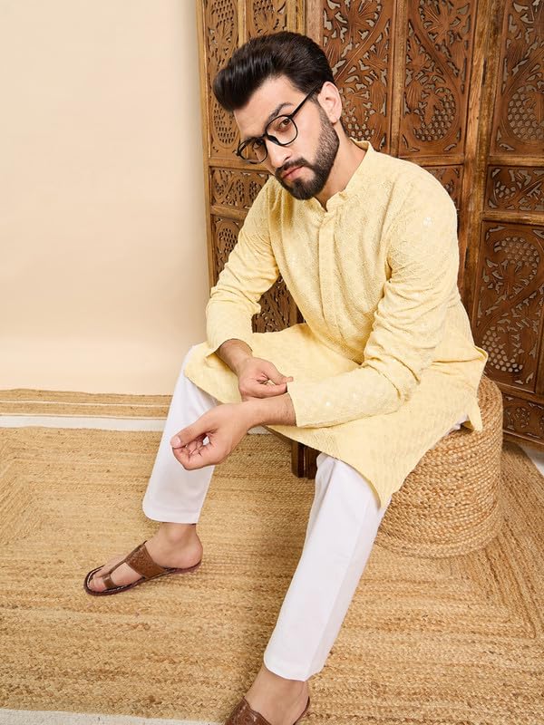 Image of Vaamsi Ethnic Bay Men's Viscose Rayon Solid Embroidered Long Straight Kurta | Men's Kurta | Embroidered Chikankari Kurta for Men | Straight Fit Kurta for Men