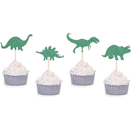 Green Glitter Dinosaur Cupcake Toppers