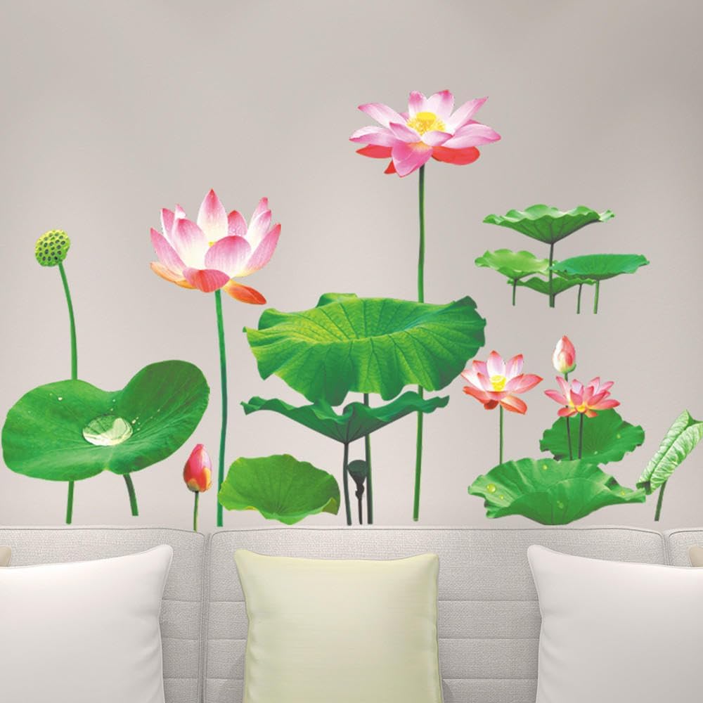 Orbica 3D Flower Wallpaper Sticker Lotus Flower Floral Wall Sticker Art Peel and Stick Self Adhesive for Living Room Bedroom Delightful Realistic Vibrant Greenish Bright Color