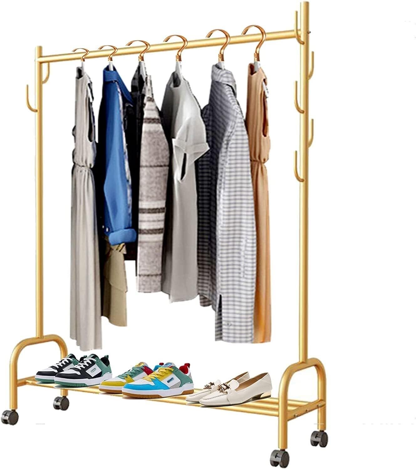 Portant à vêtements en métal à poteau unique avec étagères et roulettes