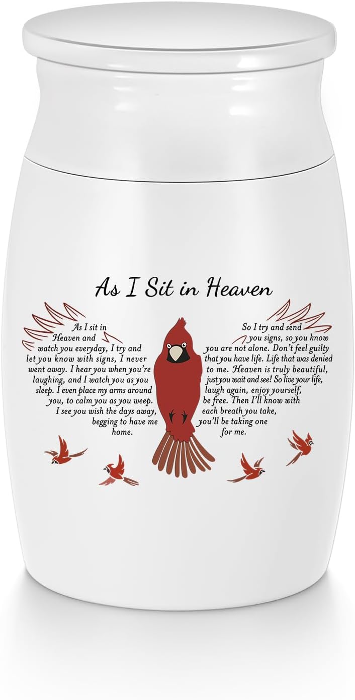 SOITIS Small Urns for Human Ashes Aluminium Mini Keepsake Urn Red Bird Small Cremation Urns for Ashes Memorial Ashes Keepsake- As I Sit in Heaven