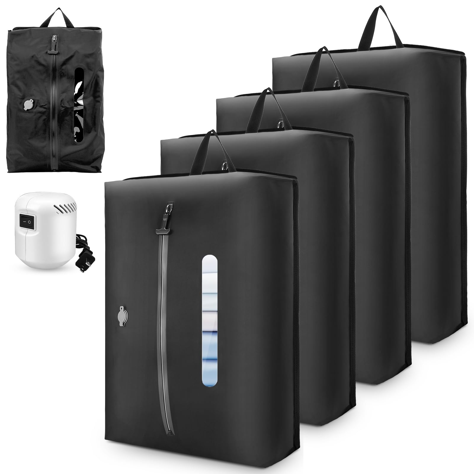 Lot de 4 sacs sous vide pour voyage avec pompe, sacs de compression réutilisables de 21 L avec fermeture éclair étanche IP68, sacs de voyage sans air pour bagages familiaux et rangement à la maison