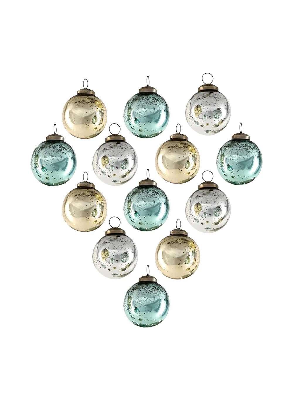 Set of 12 Vintage Gold, Blue & Silver Glass Ball Ornaments, 2.5