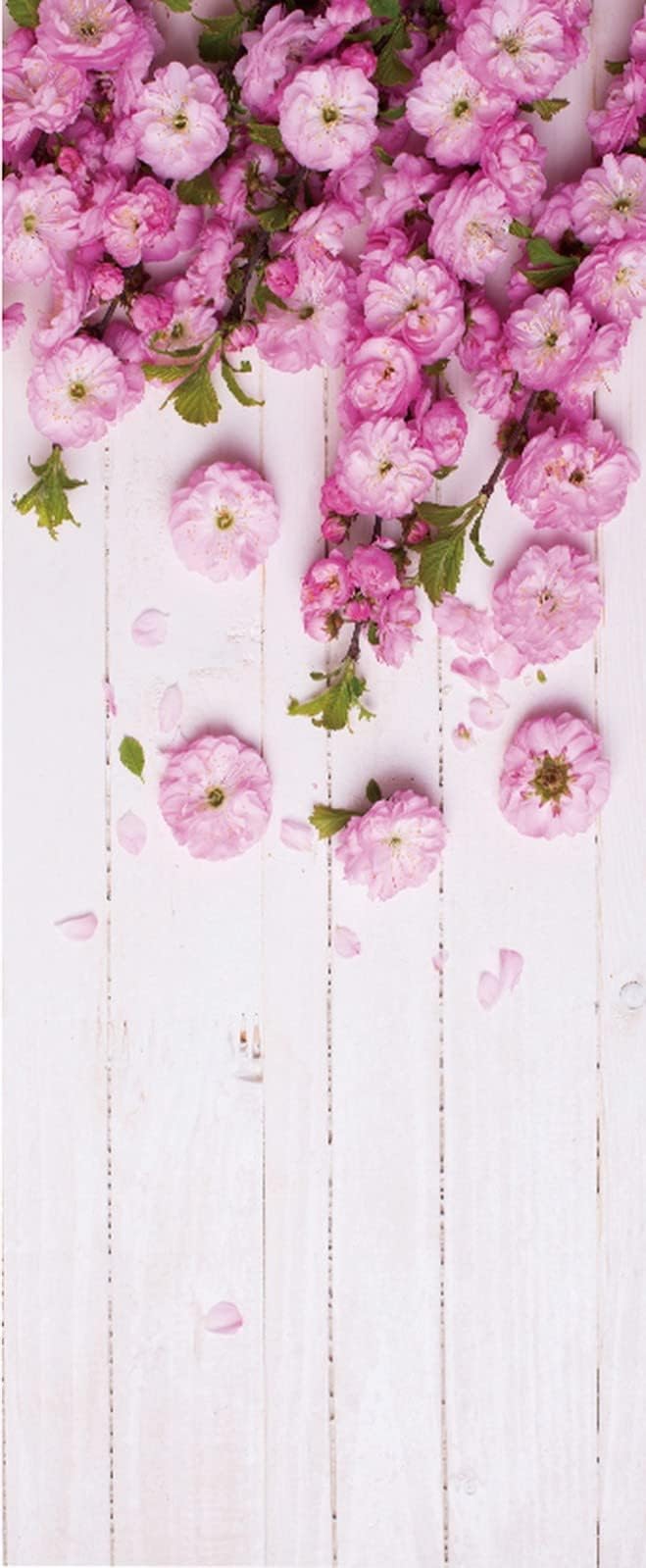 3D Door Stickers for Interior Doors Background with Bright Pink Flowers on White Wooden Planks Vinyl Removable Self Adhesive Door Poster Wallpaper Mural Decals for Bedroom Office 77x200cm