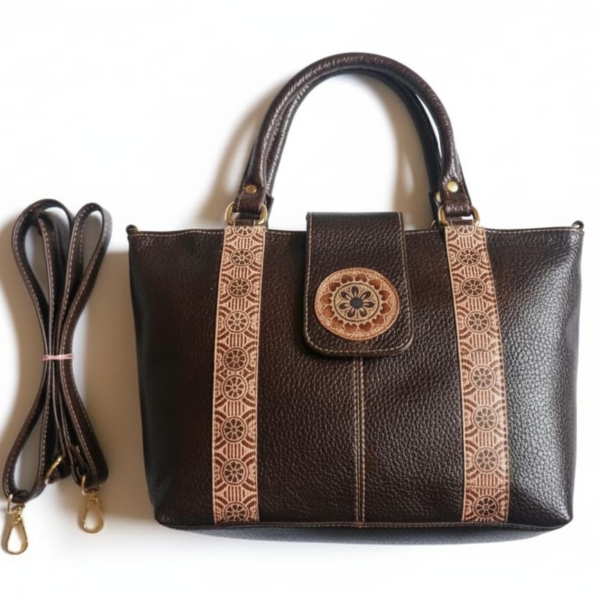 Shantiniketan Handcraft Prints Leather Handbag Brown Crossbody Tote, Multiple Compartments, Medium Size, 100% Pure Leather with Sling Handle (14L x 9H x 4B), New Flap Button-picture-20