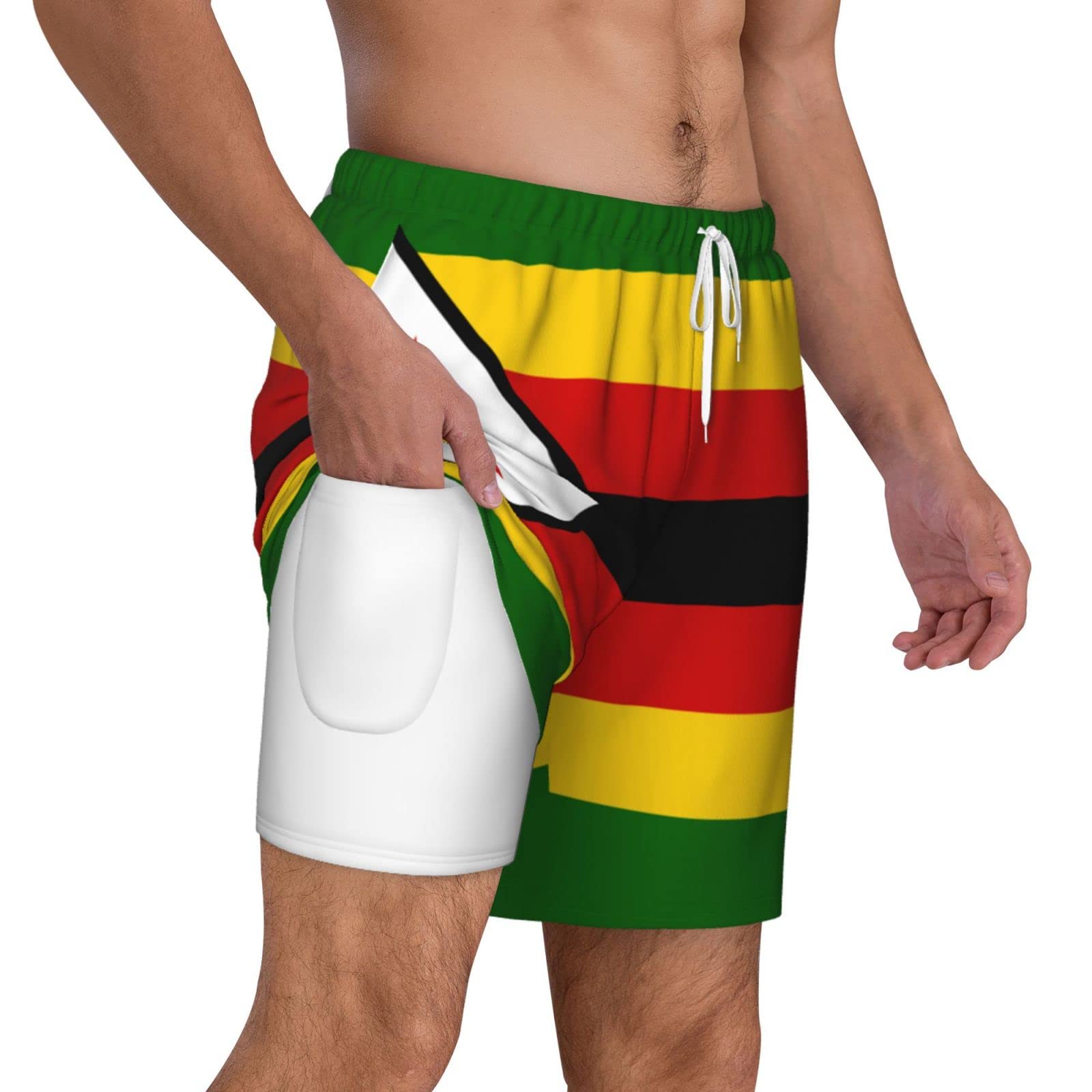 peiyeety Flag of Zimbabwe Men's Double Layer Beach Shorts with Compression Liner Swim Trunks Board Shorts White