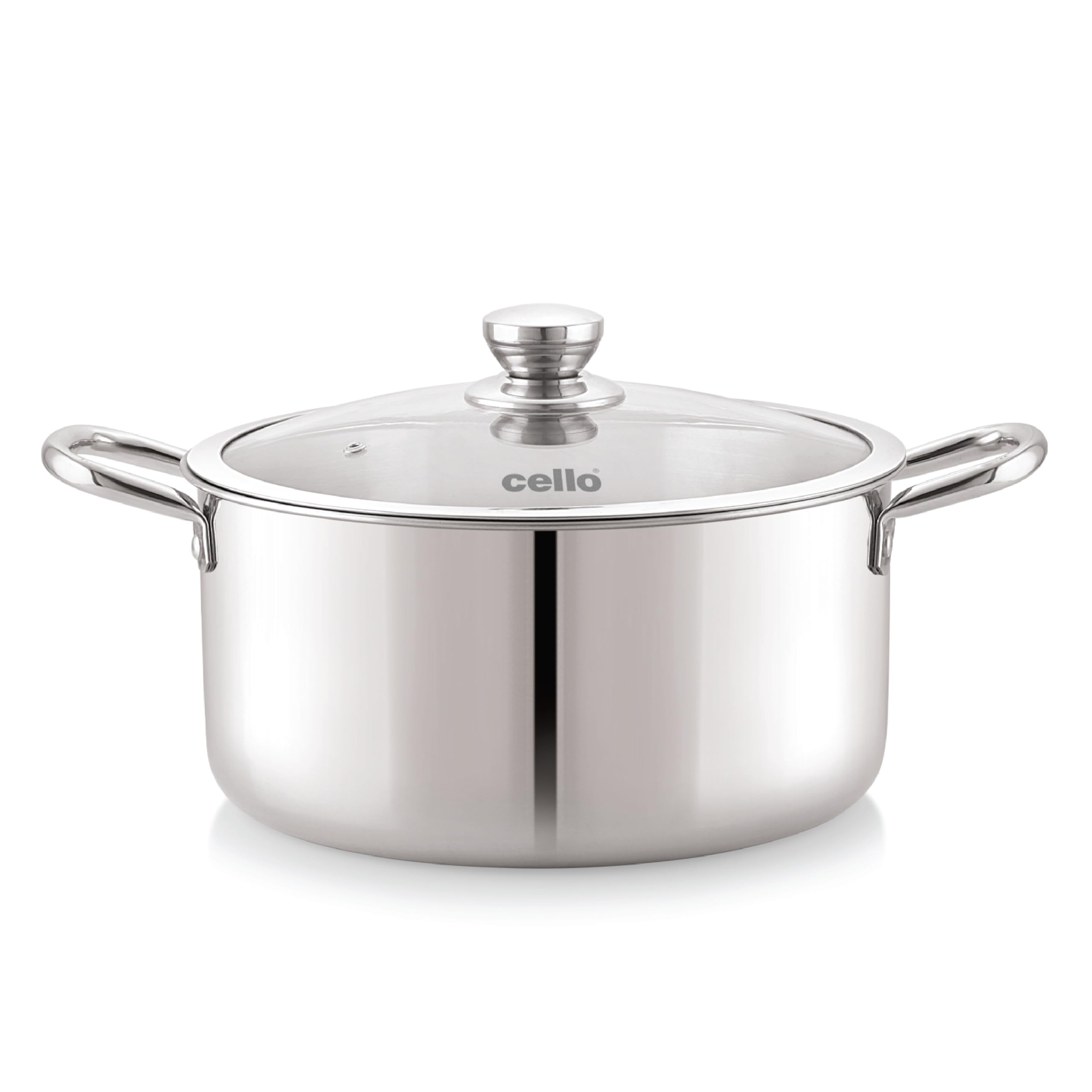 Cello Tri-Ply 22 cm Stainless Steel Cookware Casserole, 4 LTR | Tri-Ply Bottom Casserole with Glass Lid | Induction and Gas Stove Friendly | for Biryani/Pulao/Halwa/Curries | Silver