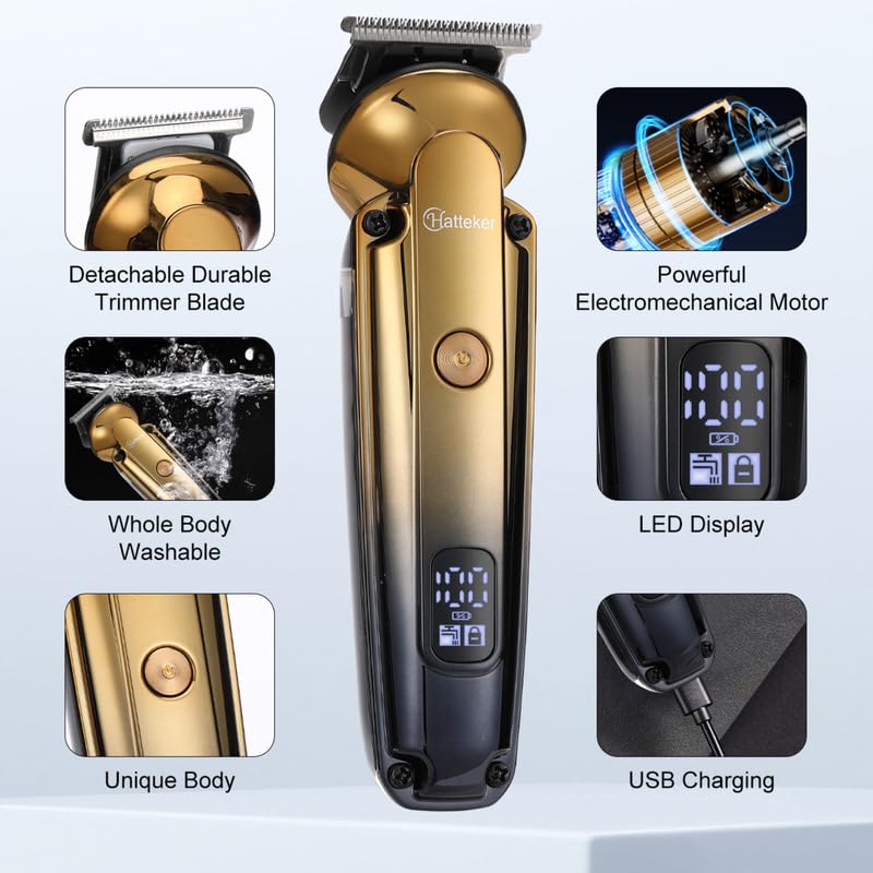 Image of HATTEKER HT-6168 Premium ABS Body 0 gapped T-blade Outlining for Barbers 0mm Hair Clipper Cutter Wireless Hair Grooming Set Beard Trimming & Styling IPX6 waterproof USB Type-C LED Display 180 Mins