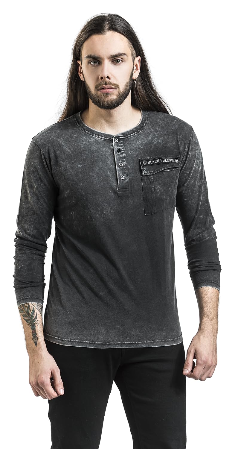Black Premium by EMP Herren graues Vintage Langarmshirt - Brusttasche mit Patte und Patch