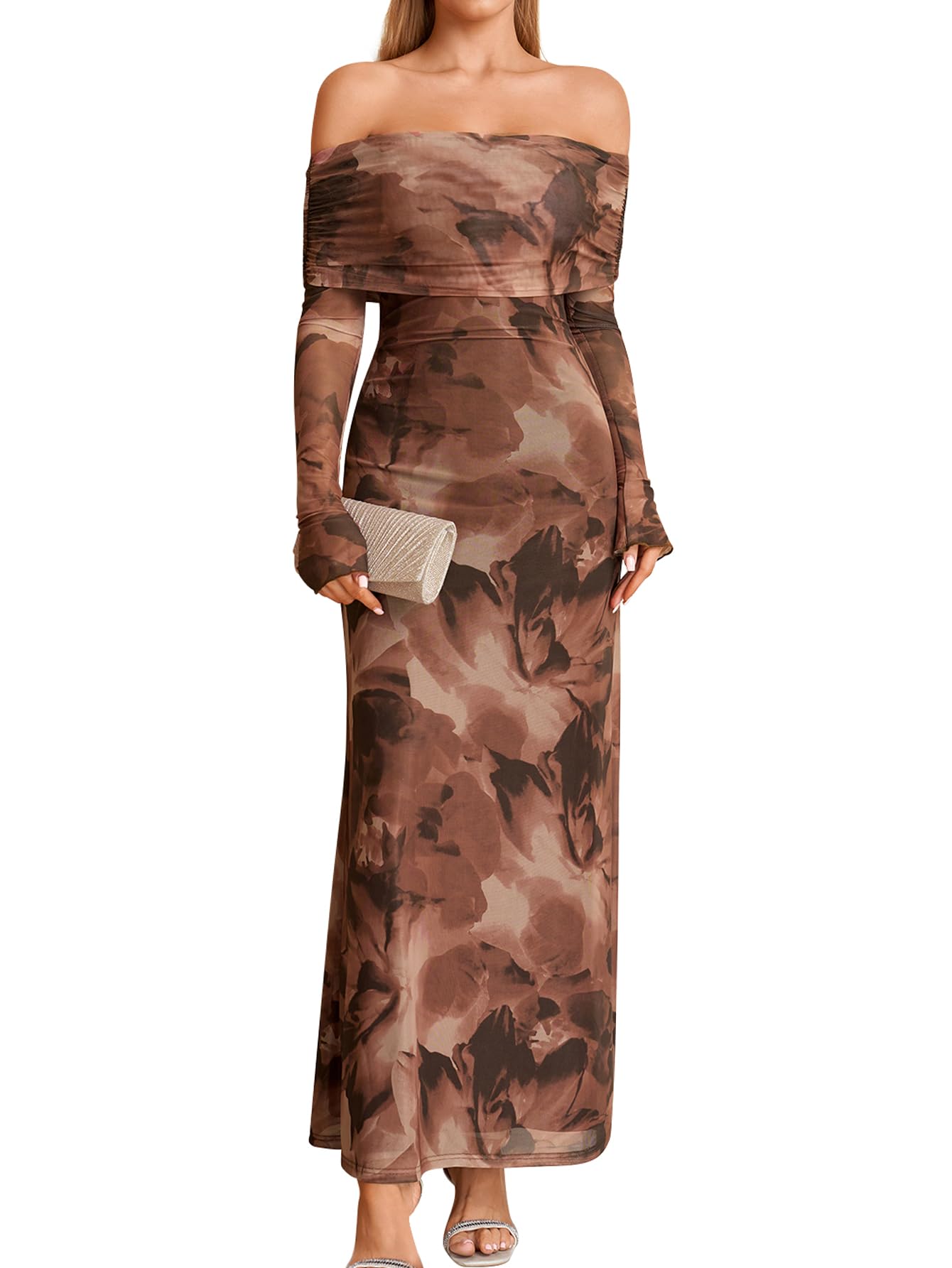 Photo 1 of KUTUMAI Women Off Shoulder Bodycon Maxi Dress Long Sleeve Mesh Ruched Party Formal Wedding Guest Dresses BrownPrint L