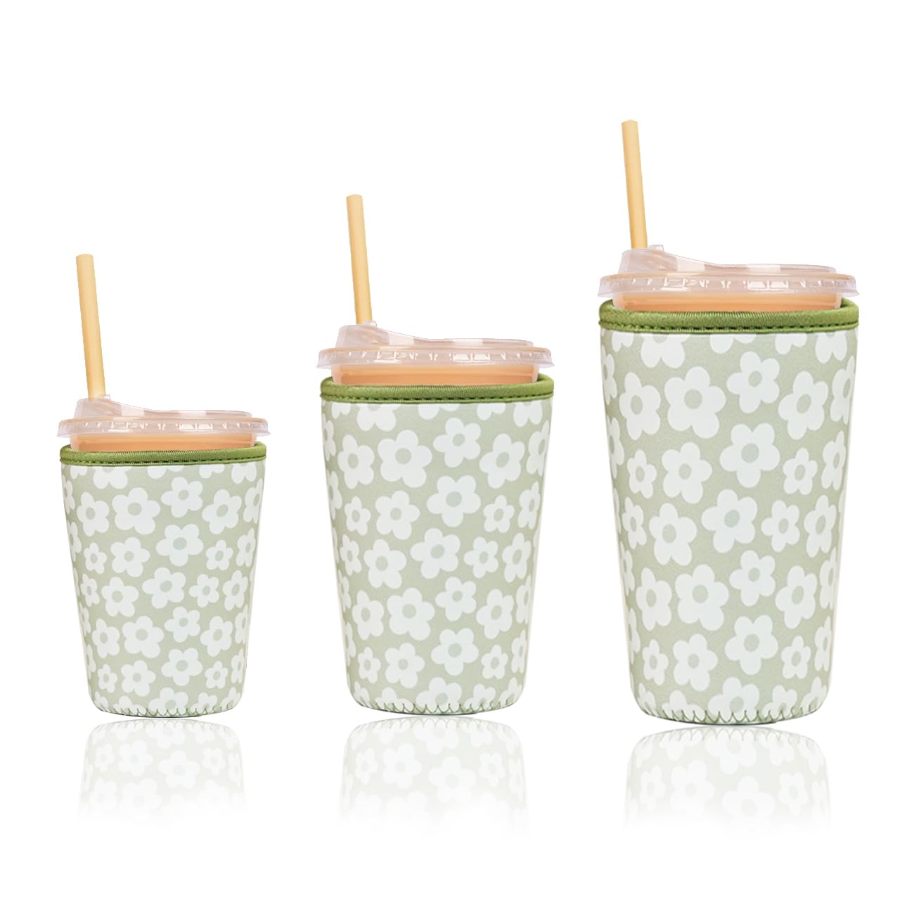 Reusable Insulated Sleeve for Iced Coffee Cup, 3-Pack Coffee Neoprene Drink Sleeve for Cold &amp; Hot Drinks, Beverage Holder for Iced Coffee (Sage Florals)