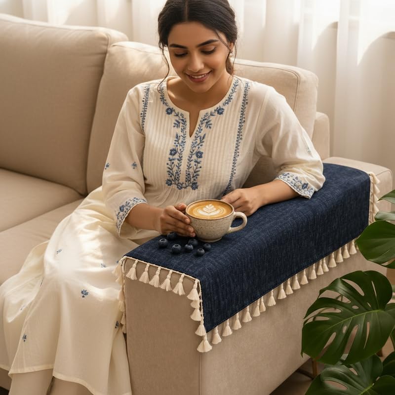 Image of STITCHNEST Premium Woven Fabric Sofa Arm Cover with Tassels | Elegant Hand Rest Protector | Durable & Stylish | 18 x 22 Inches