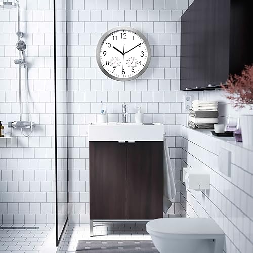 Miniatura 6 de Reloj de pared de 12 pulgadas con temperatura y humedad funciona con pilas sin tictac con marco de aluminio silencioso para oficina hogar baño