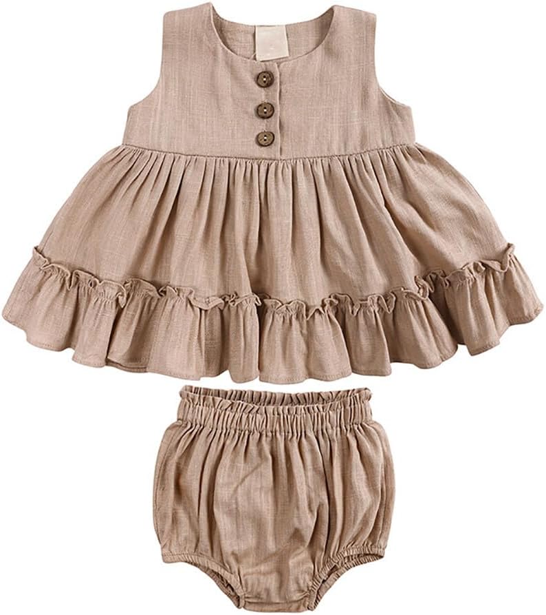 HAOLUKI Baby Girls Cotton Linen Sleeveless Ruffles Dress Shirt Bloomer Shorts Clothing Sets 2pcs Summer Outfits