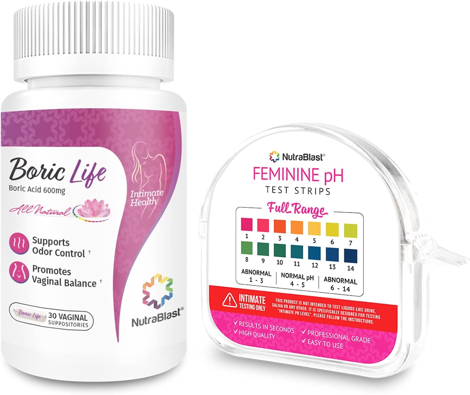 NutraBlast Boric Acid Vaginal Suppositories 600mg (30 Count) & Feminine pH Test Strips 1-14 (100-Tests Roll) | Monitor Feminine Intimate Health | Acidity & Alkalinity Balance NutraBlast Boric Acid Vaginal Suppositories 600mg (30 Count) & Feminine pH Test Strips 1-14 (100-Tests Roll) | Monitor Feminine Intimate Health | Acidity & Alkalinity Balance