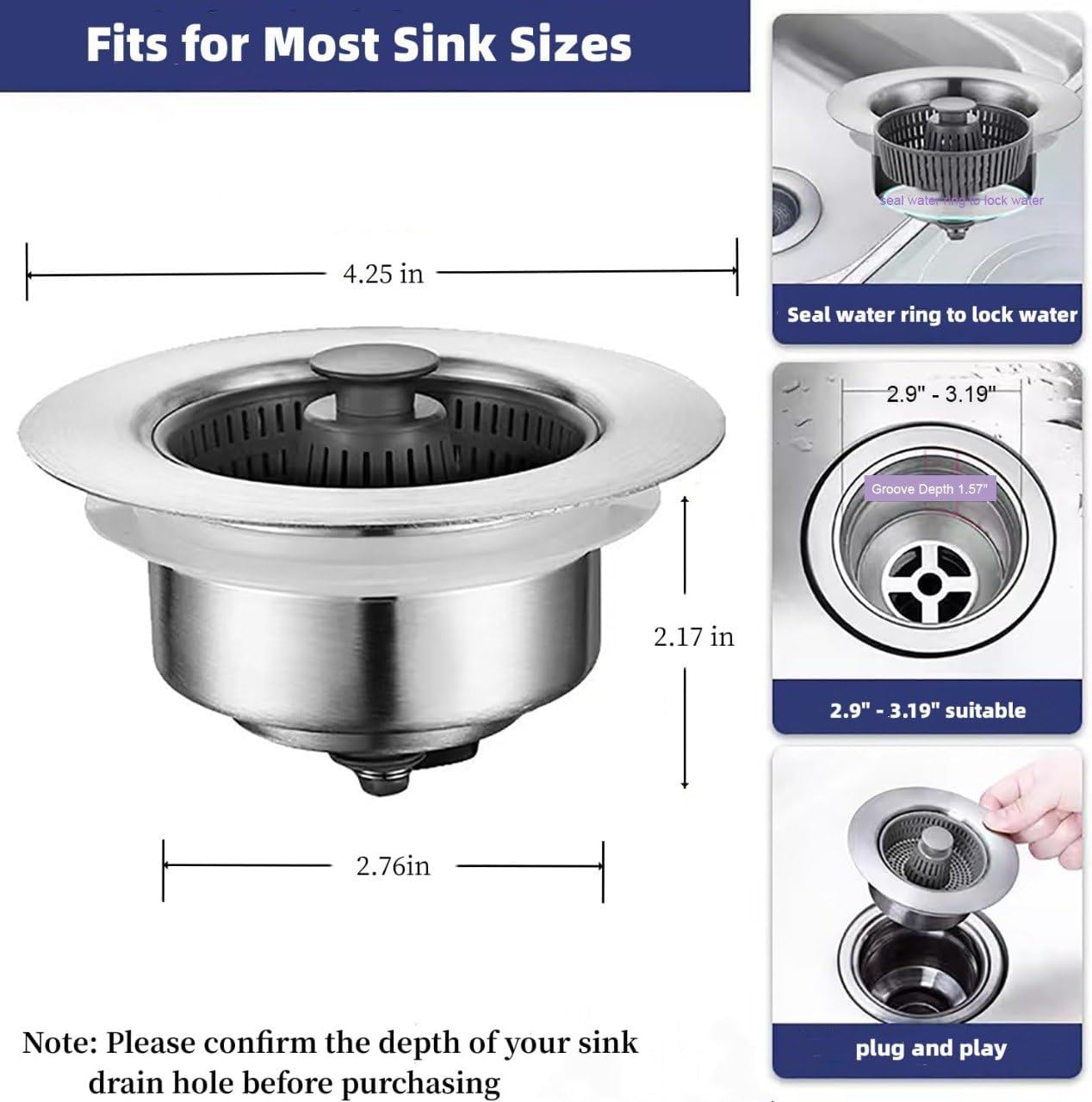 RIDHMIN 3 in 1 Kitchen Sink Drain Strainer - Stopper Set, Stainless Steel Kitchen Sink Stopper, Pop Up Anti-Clogging Sink Strainer Basket Filter Standard 3-1/2 inch Drain Sink 3