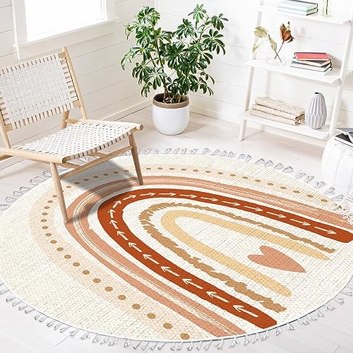 Image of DNEWYNPABV Round Rugs Scandinavian Nursery Print for Playroom with Neutral Boho Area Rug Linen and Cotton Carpet Meditation Rug Washable Hallway Runner Mat Accent Rug for Bedroom Bathroom 4ft