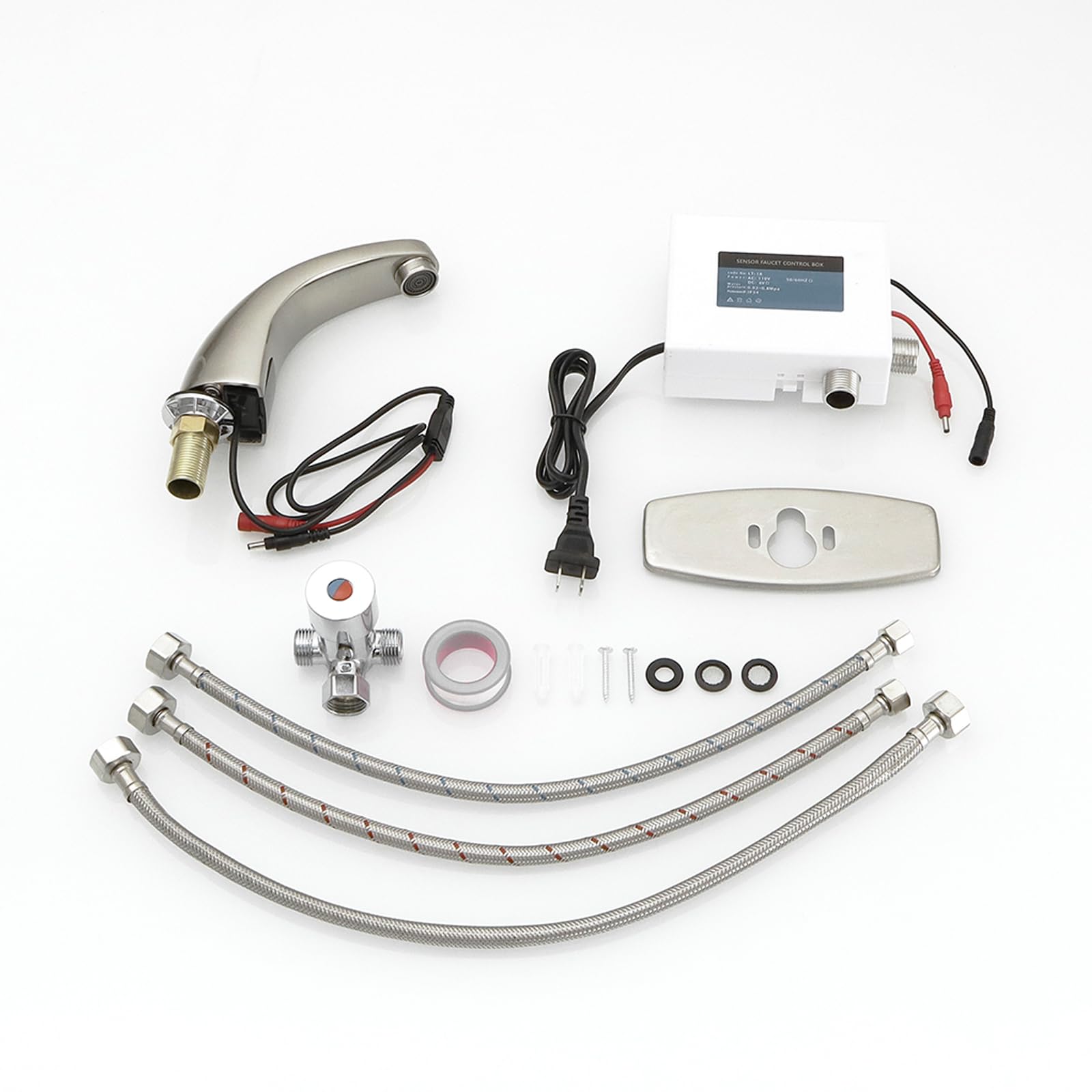 Grifo de baño sin contacto, grifo de fregadero con sensor de movimiento automático, funciona con batería o enchufe, control de mezclador de calor y frío, níquel cepillado