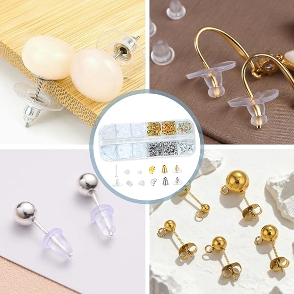600 Pezzi Chiusura Orecchini 12 Stili,Farfalline per Orecchini Ferma,Earring Backs,Chiusure di Sicurezza per Orecchino,Gommini per Orecchino Anallergica per Ricambi, Riparazione Gioielli - 5