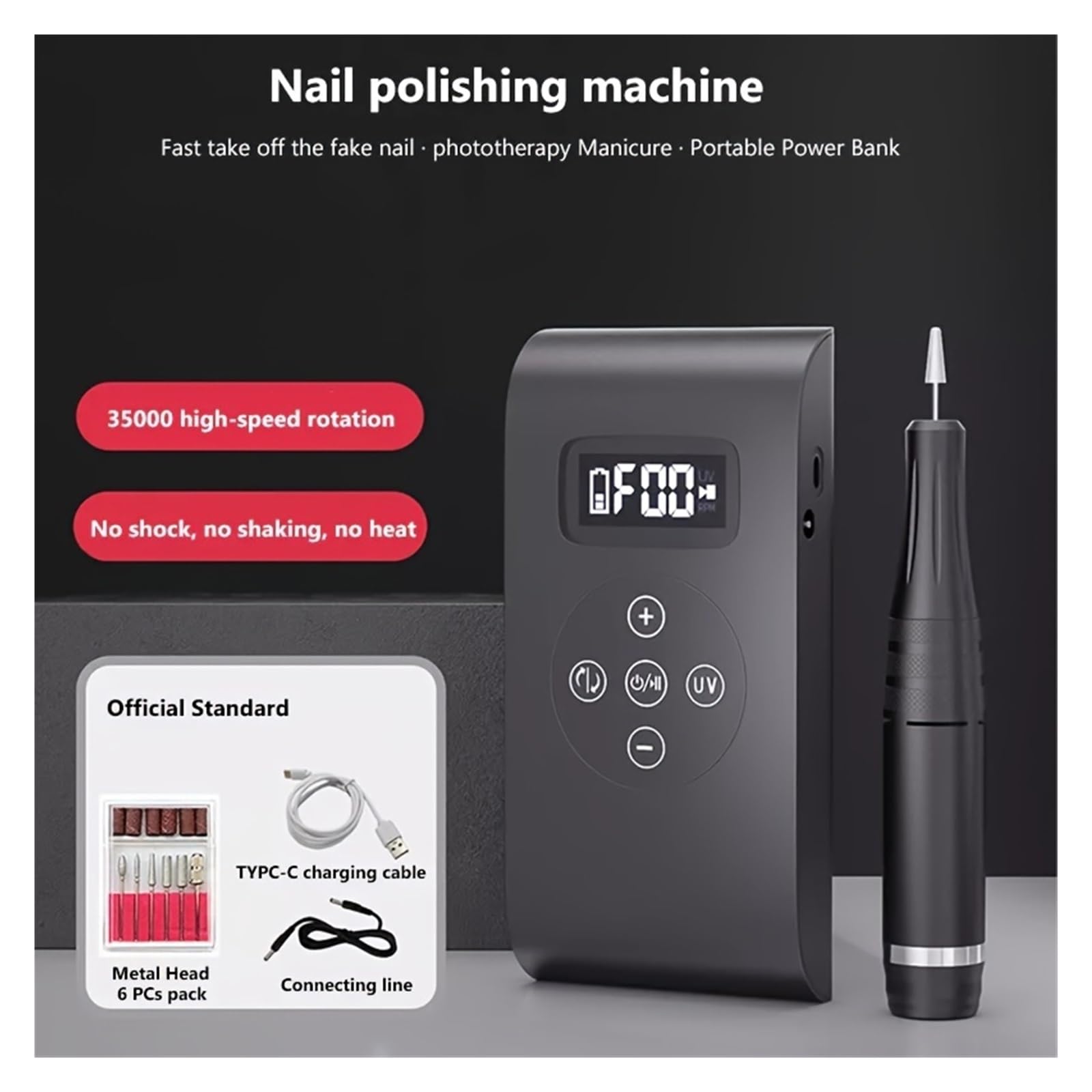 Fresa for unghie con 35.000 giri/min e lampada for a LED, frese for for in acrilico, lima for elettrica portatile ricaricabile for pedicure manicure for salone di casa Potente ed efficiente(Noir)