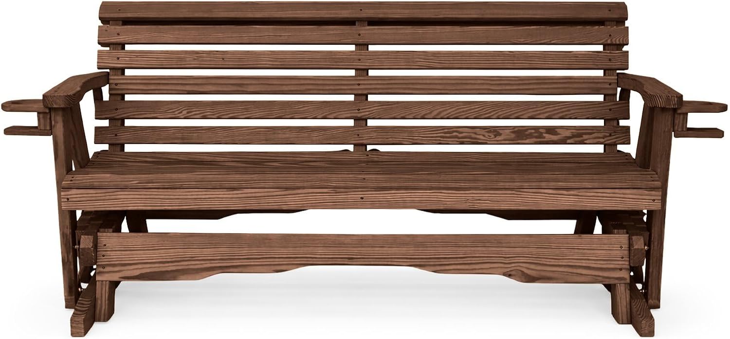 4 FT WALNUT Porch ROLLBACK Glider Cupholders Bench for 2 Person, Amish-Made Pine Wood Patio Glider, Smooth Glide, Balanced Construction, Even Weight Distribution, Relaxed Seating Angle, Made in USA