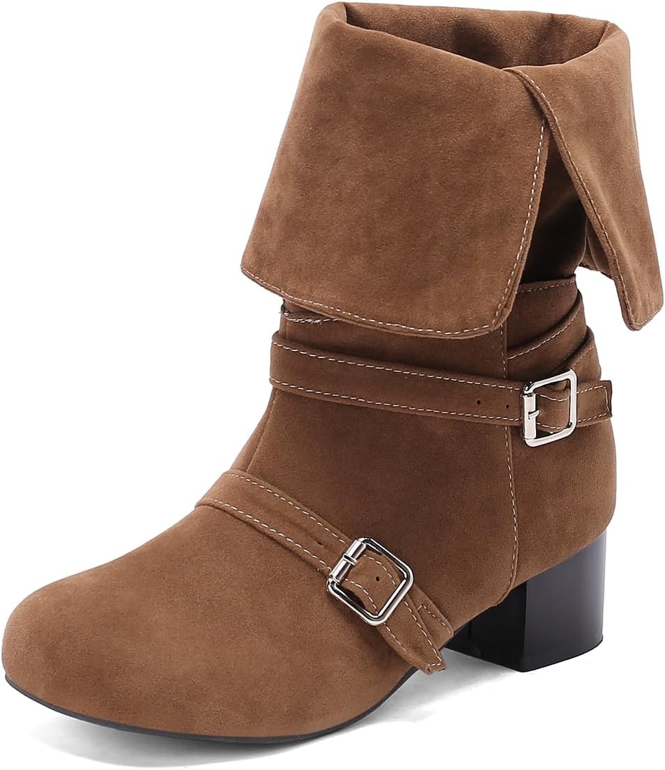 Women's Fashion Round Toe Dressy Ankle Boots Pull On Buckle Suede Low Heels Wide Mid Calf Short Booties