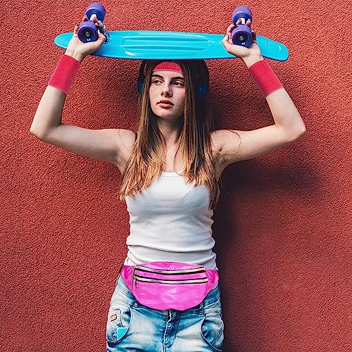 Eurtes 80er Jahre Accessoires, 4er Pack 80er Jahre Outfit Damen Herren Zubehör, Sportlicher 90er 80er Jahre Kleidung Schweißband Stirnband Armbänder und Wasserdicht Bauchtasche (Rosa)