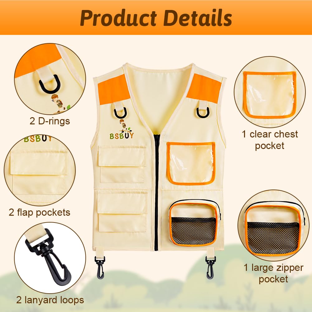 BSBUY Kid Explorer Kit Outdoor Adventure Set, 4PCS Kid Explorer Costume Kit Bug Hunting Costume Hat Vest - Image 3
