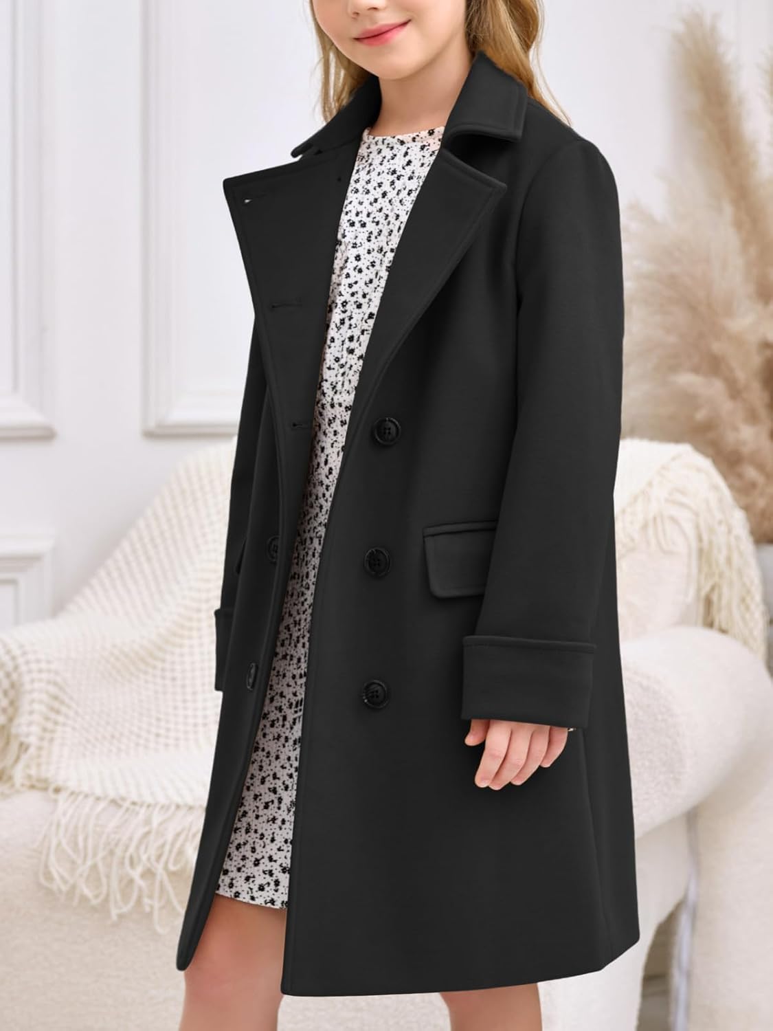 Haloumoning Girls Double Breasted Trench Coat Kids Notch Lapel Long Peacoat with Pockets 5-14 Years - Image 3