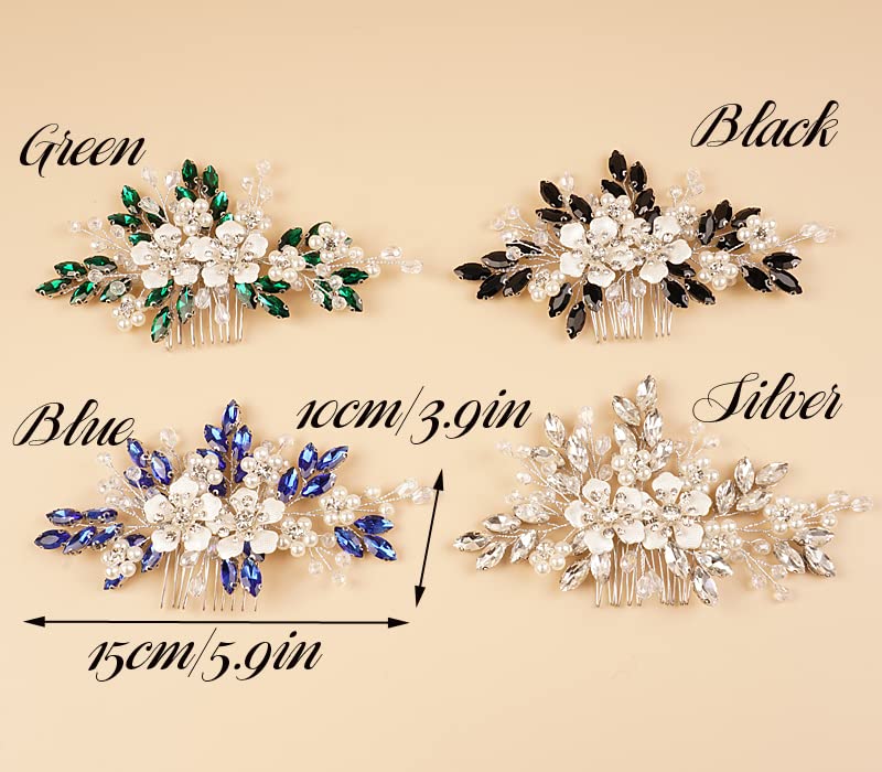 Miniatura 8 de Peine de pelo con diamantes de imitación de cristal negro con flores plateadas, perlas, lágrima y diamantes de imitación, diadema de boda, perlas,