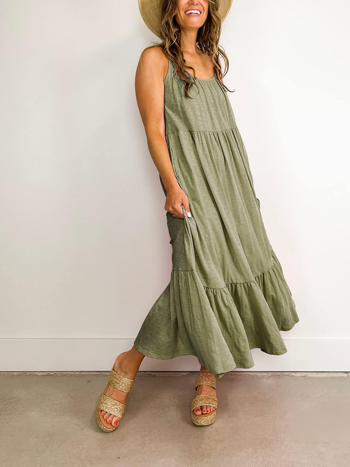 Women's Sleeveless Maxi Dress Spaghetti Strap Summer Casual Loose Tiered Flowy Swing Beach Long Dresses with Pockets - Image 3