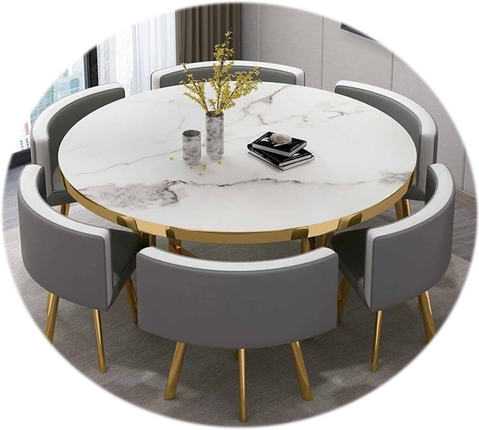 RUANLOV Round Dining Table Set,7-Piece Set with 6 Dining PU Leather Chairs for Home, Kitchen, Restaurant, Pub, Living Room (D 120CMX120CMX75CM)