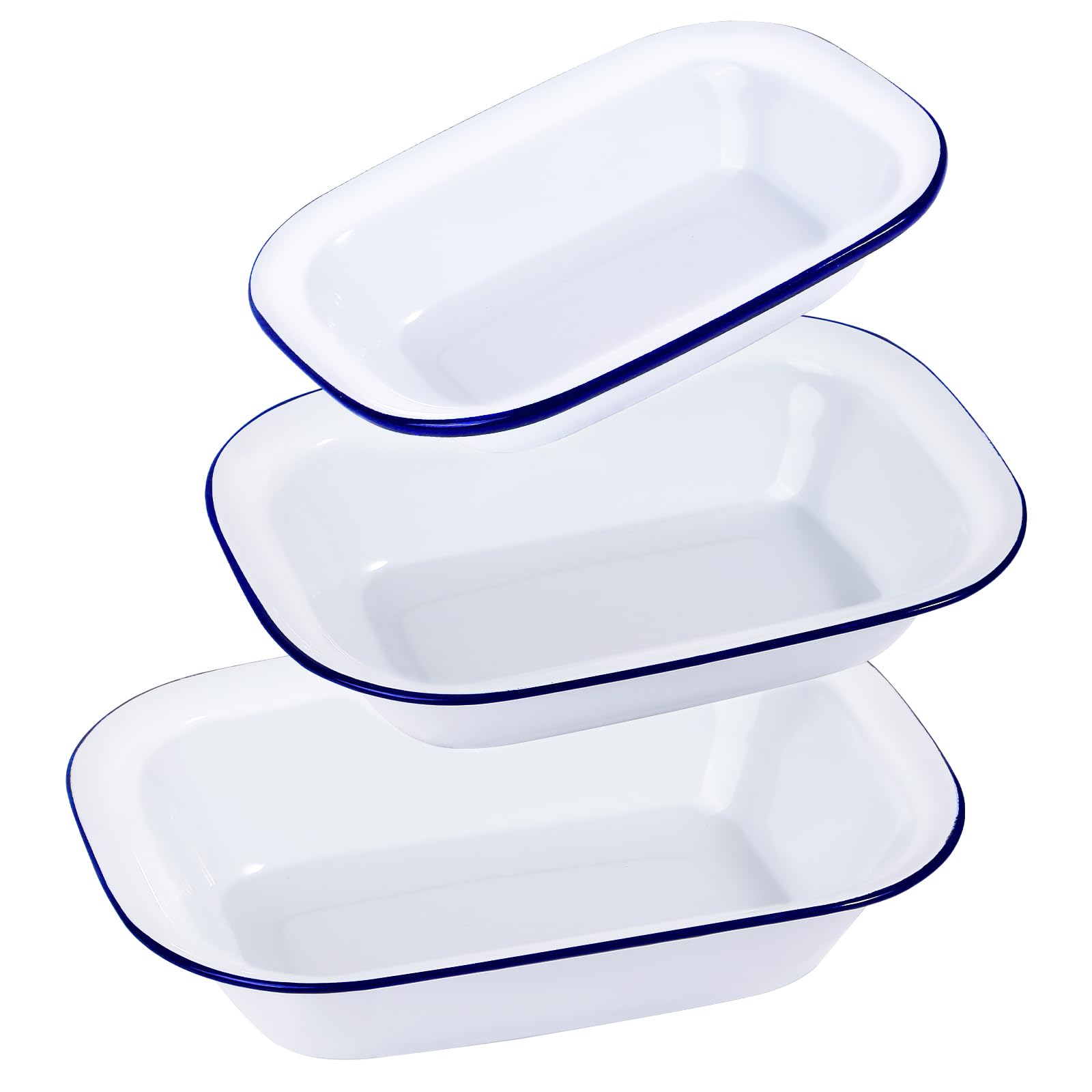 webake Enamelware Set di 3 Teglie per Arrosti, Smalto Piatto Rettangolare, Antiaderenti Scodelle Smaltate, in Ceramica, Colore: Bianco con Bordo Blu