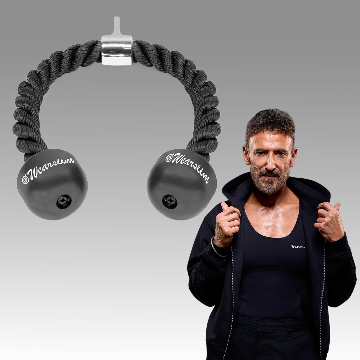 Wearslim® Professional Tricep Rope Pull Down Fitness Cable Attachment with Stainless Steel Snap Hook- Lats, Biceps, Triceps, Gym or Home - 27" inch Tricep Rope - Black